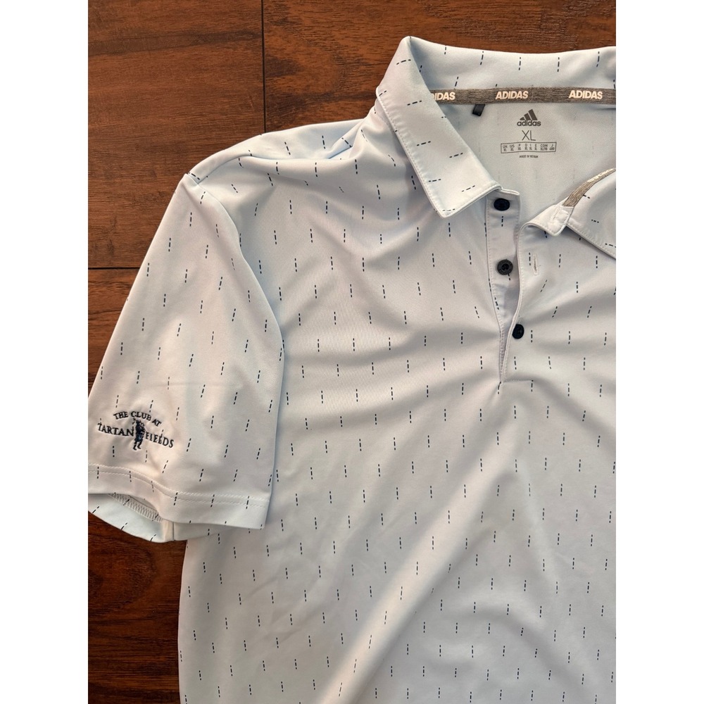 Adidas Golf Mens XL Polo Shirt Light Blue Dash Print Tartan Fields Country Club